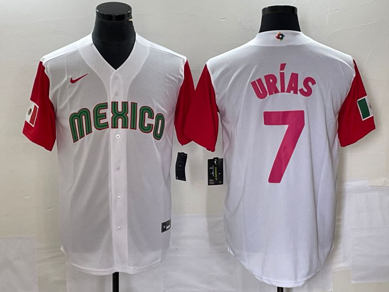 Men 2023 World Cub Mexico 7 Urias White pink Nike MLB Jersey28